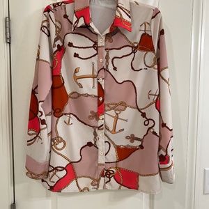 PRETTYLITTLETHING Graphic Long Sleeve Button Down Shirt Blouse--Size 6